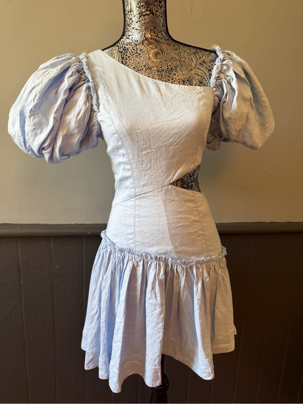 Aje Pale Blue Puff-Sleeve Asymmetric Mini Dress